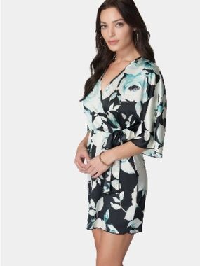 NWT bebe Floral Satin Wrap Mini Dress in Black & Mint